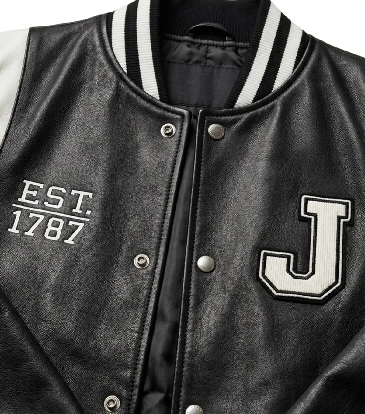 Men’s New Jersey Black Real Leather Varsity Jacket chest shoot