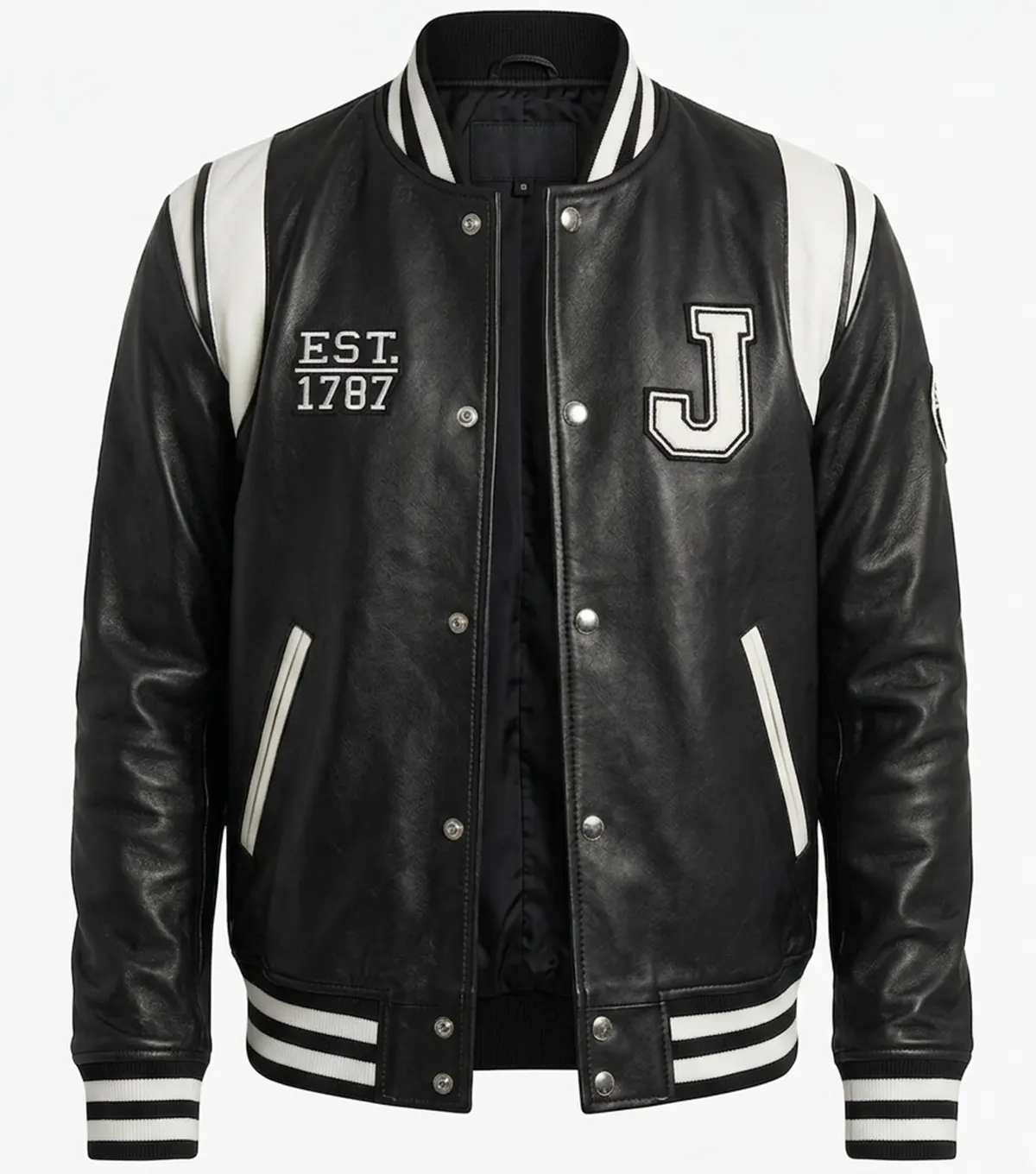 Men's New Jersey Black Real Leather Varsity Jacket front