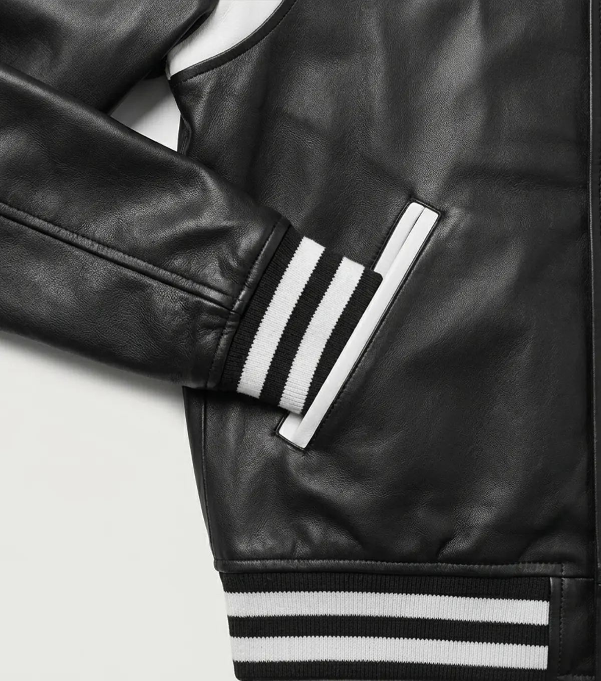 Men’s New Jersey Black Real Leather Varsity Jacket pocket