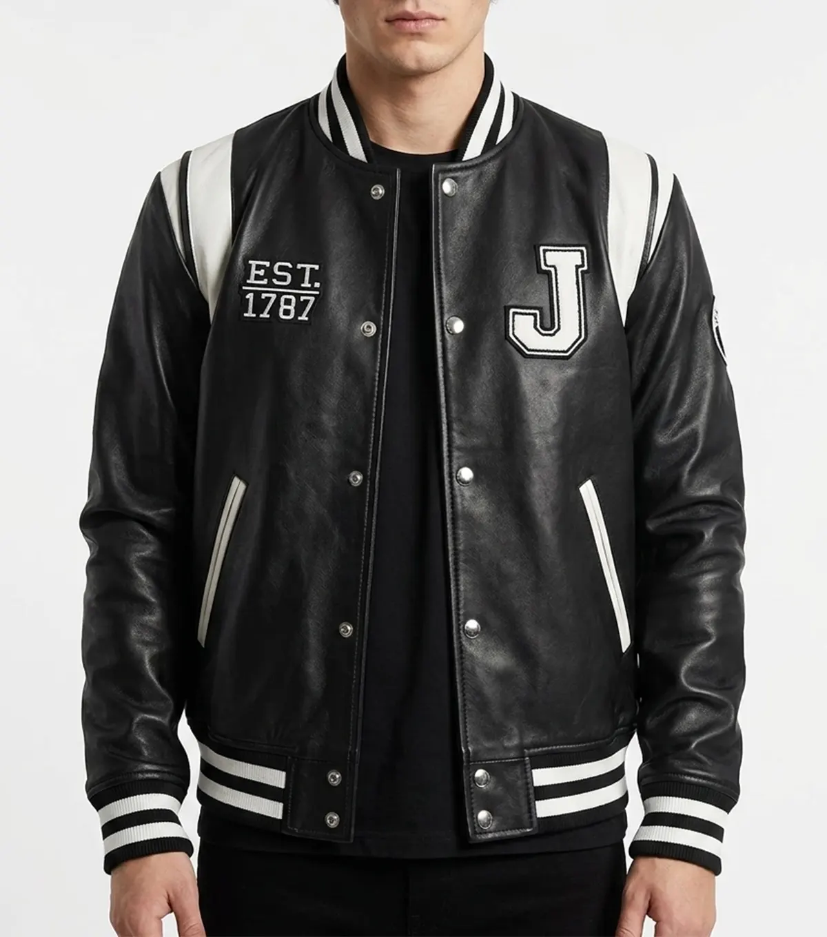 Men's New Jersey Black Real Leather Varsity Jacket