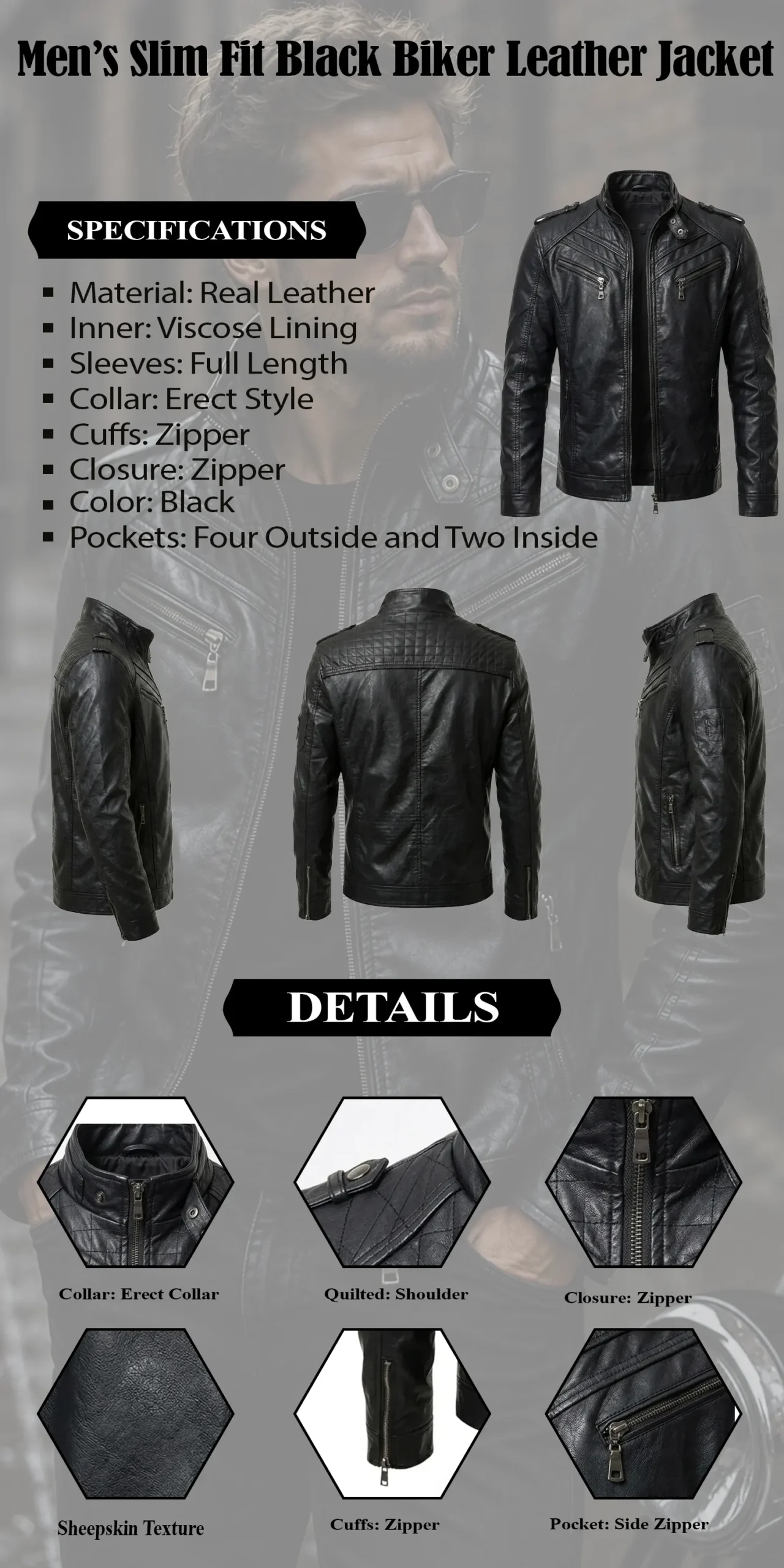 Men’s Slim Fit Black Biker Leather Jacket INFOGRAPH