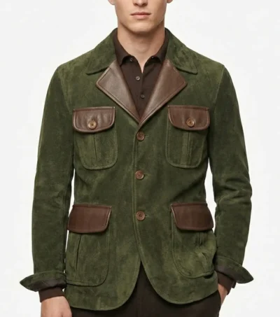 Mens Vintage Army Green Suede Leather Multi Pocket Blazer