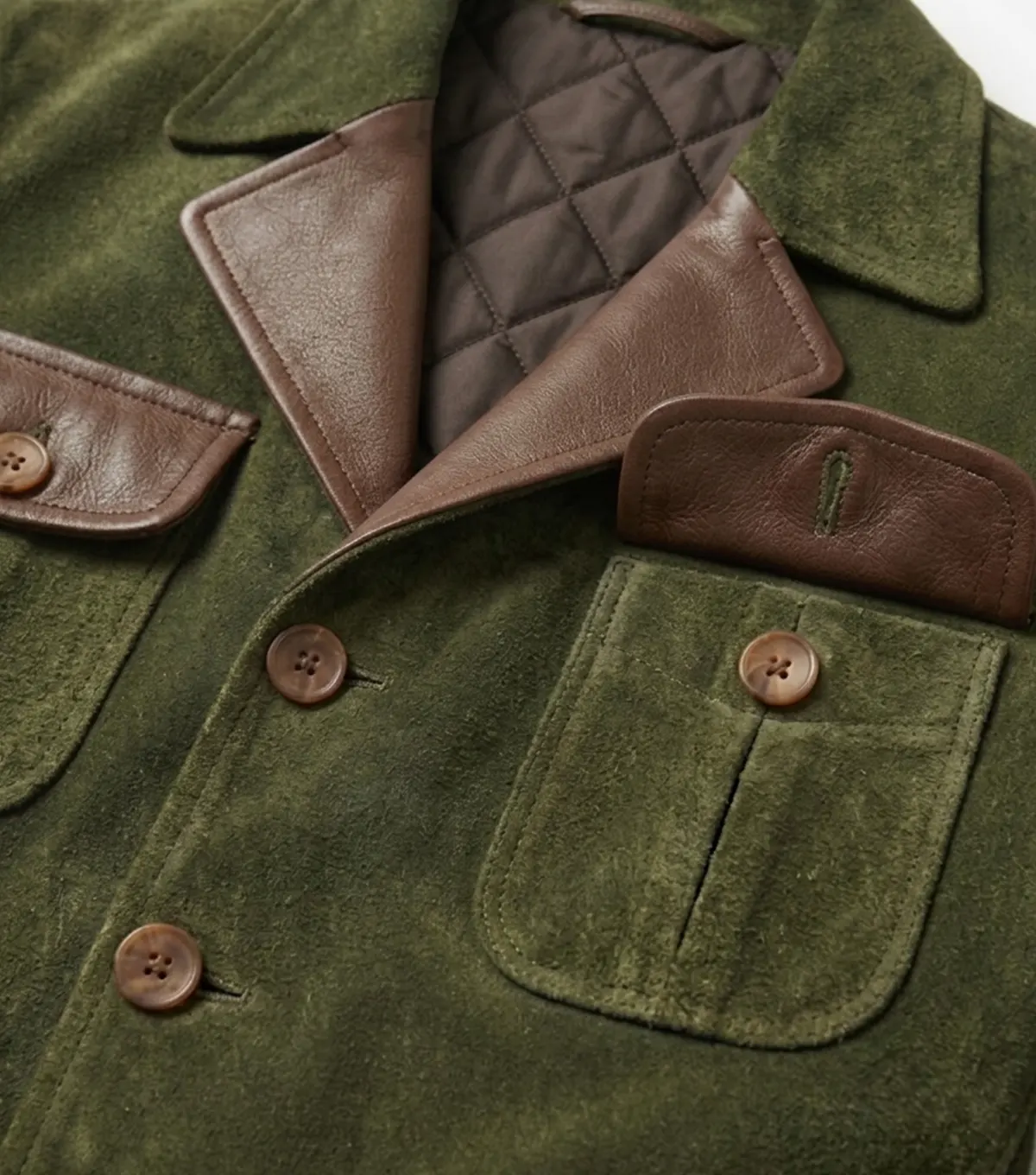 Mens Vintage Army Green Suede Leather Multi Pocket Blazer close shoot