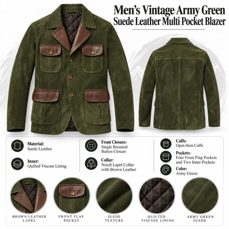 Mens Vintage Army Green Suede Leather Multi Pocket Blazer info graph