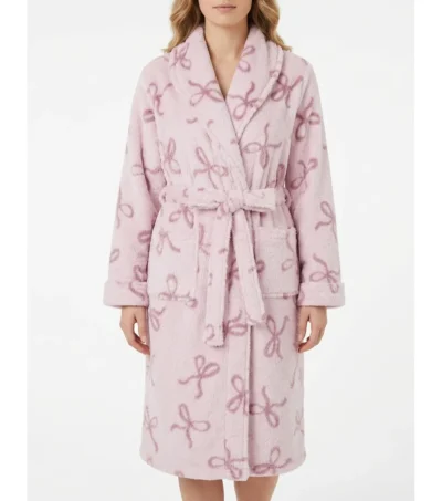 Pink Bow Print Shawl Collar Fleece Bathrobe