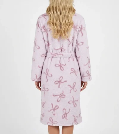 Pink Bow Print Shawl Collar Fleece Bathrobe back view