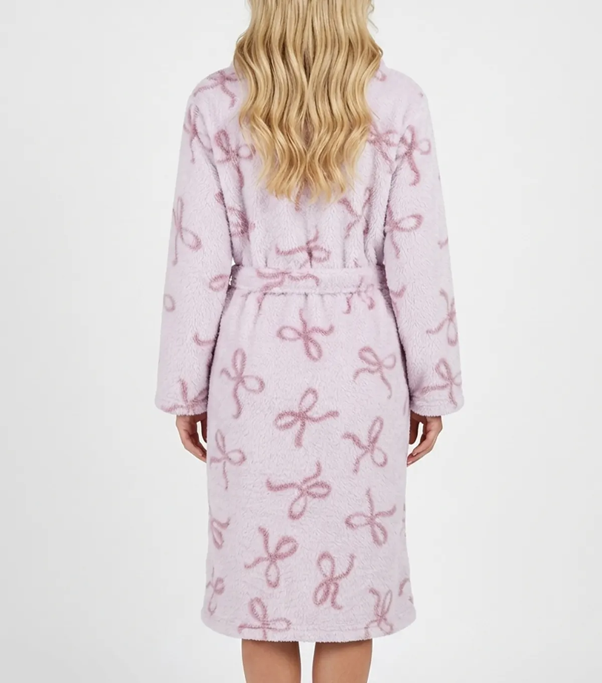 Pink Bow Print Shawl Collar Fleece Bathrobe back view