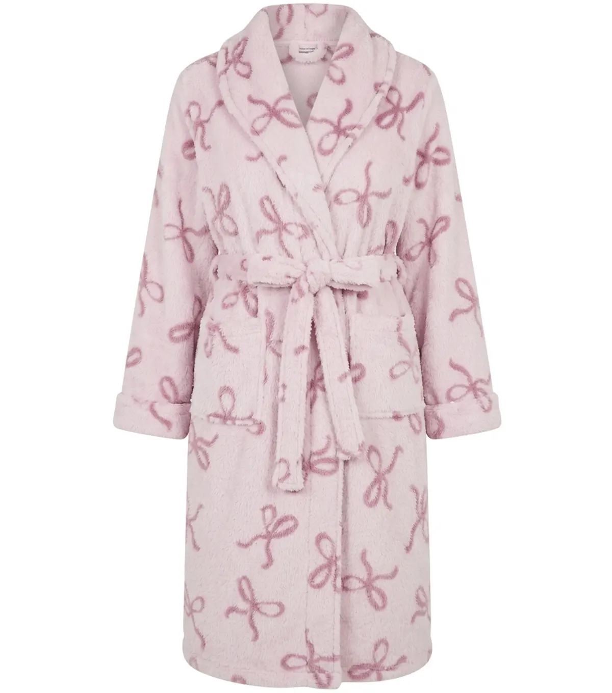 Pink Bow Print Shawl Collar Fleece Bathrobe front
