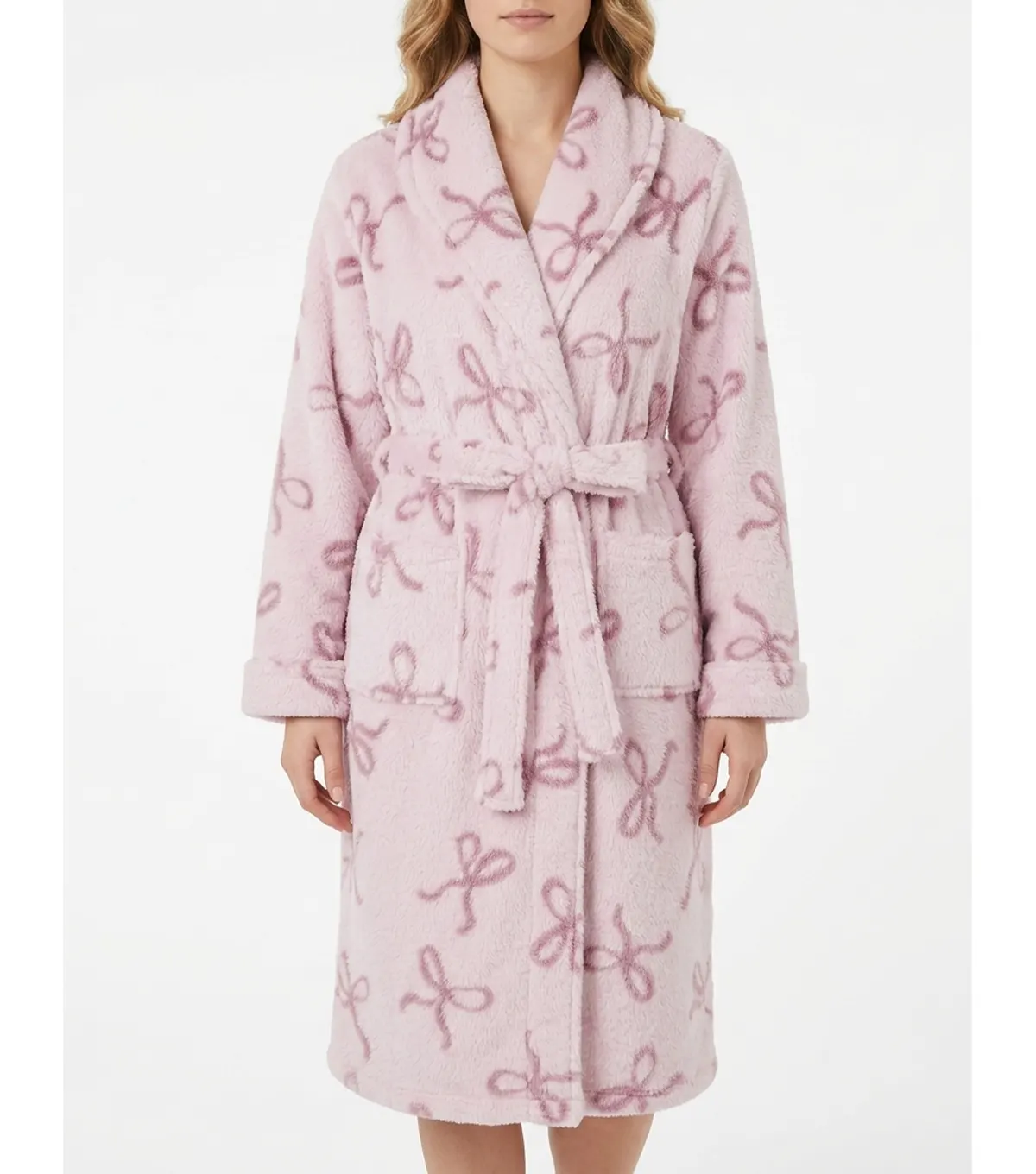 Pink Bow Print Shawl Collar Fleece Bathrobe