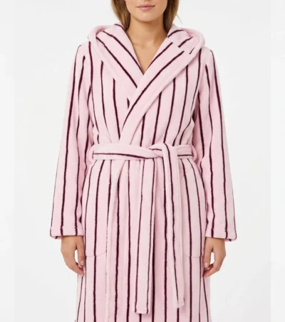 Pink Burgundy Pinstripe Hooded Terry Bathrobe