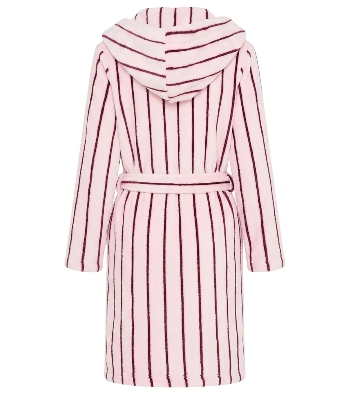 Pink Burgundy Pinstripe Hooded Terry Bathrobe back view