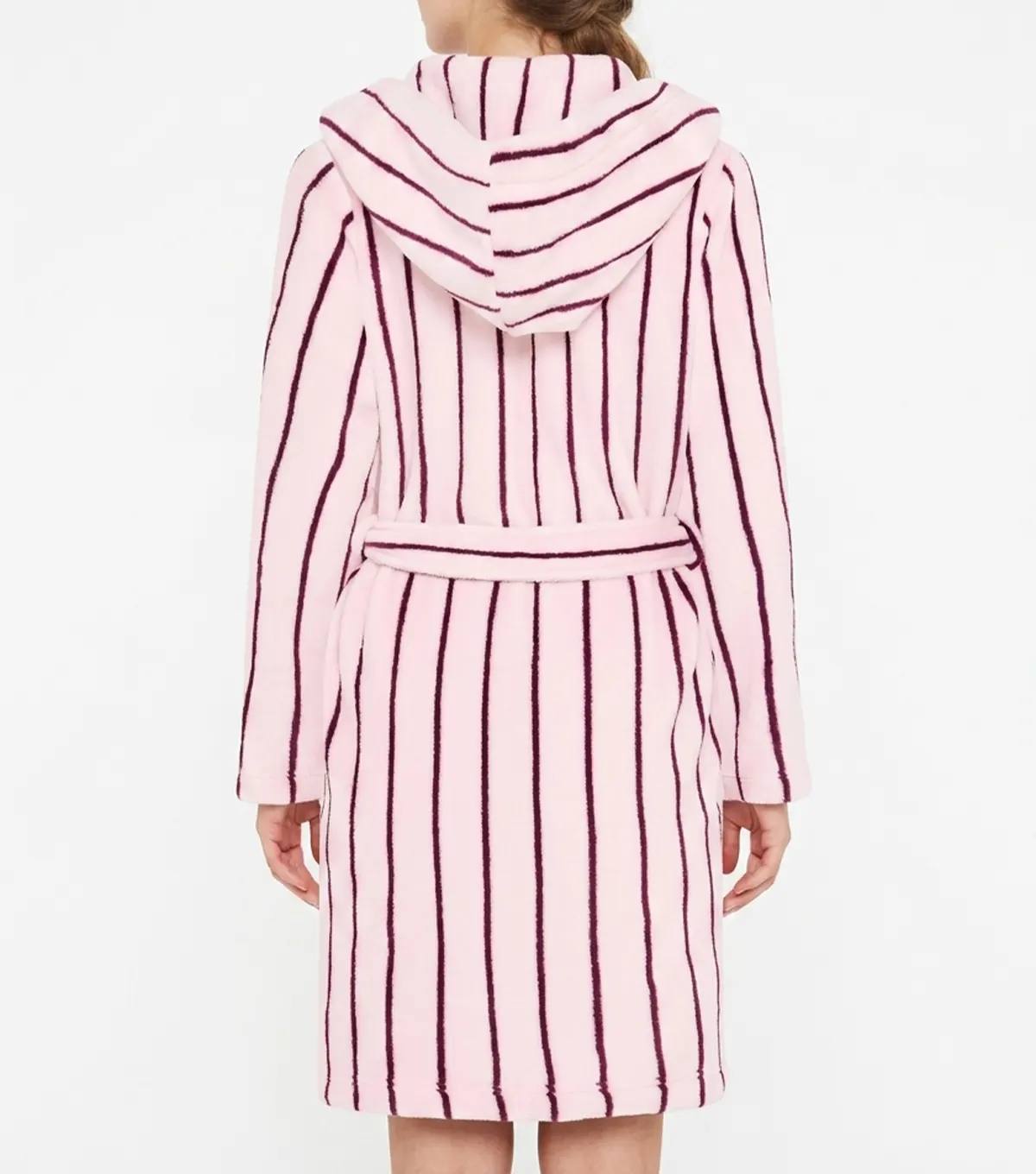 Pink Burgundy Pinstripe Hooded Terry Bathrobe back