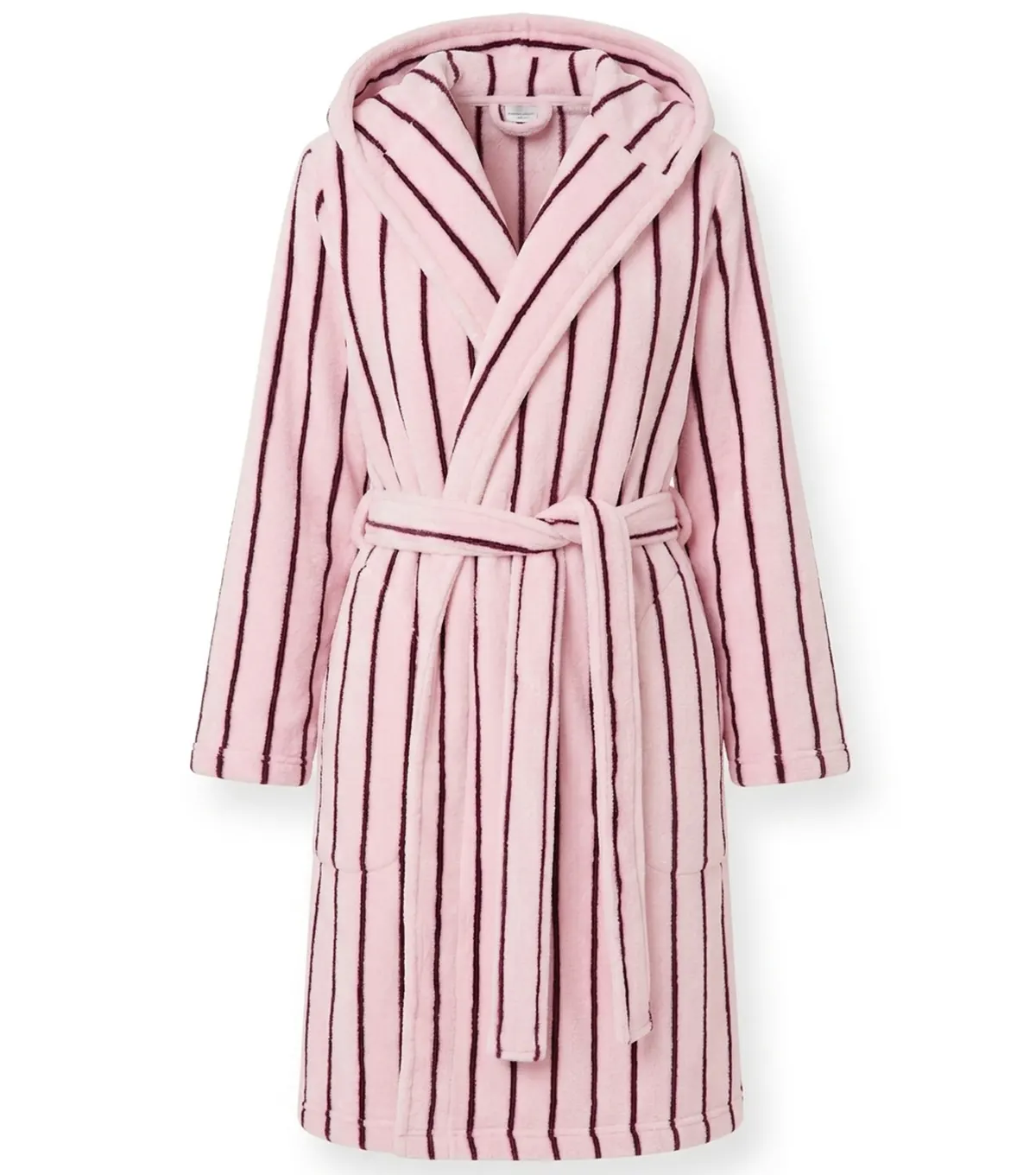 Pink Burgundy Pinstripe Hooded Terry Bathrobe front