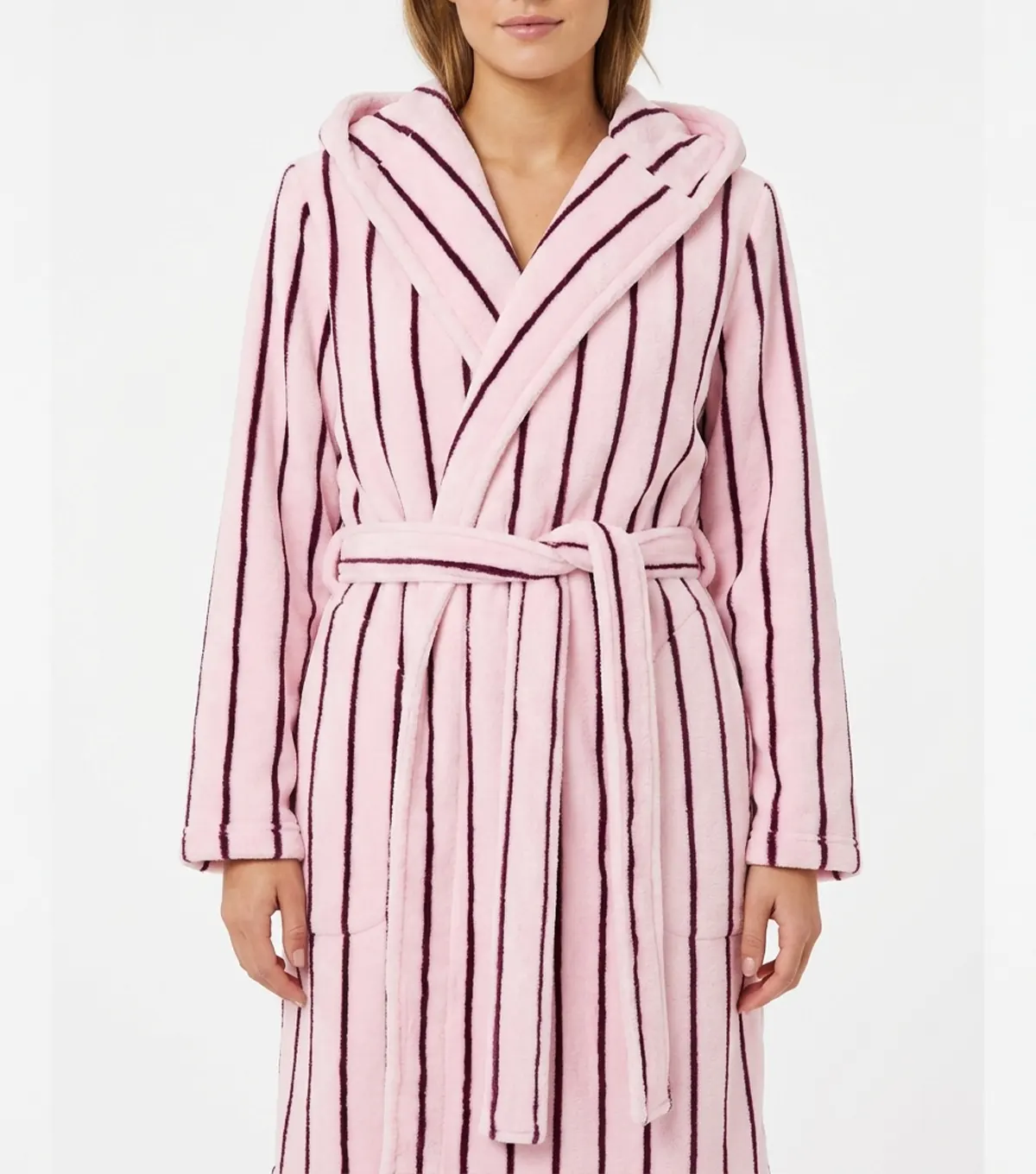 Pink Burgundy Pinstripe Hooded Terry Bathrobe