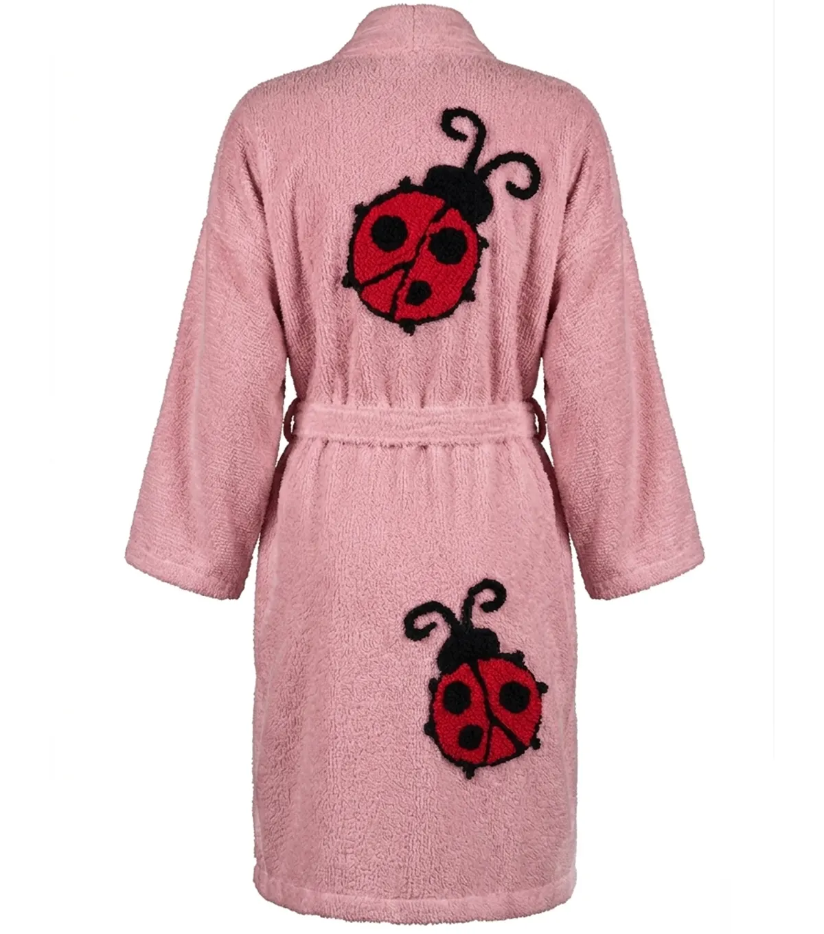 Pink Lady Bug Tufted Chenille Bathrobe Kimono Style Back