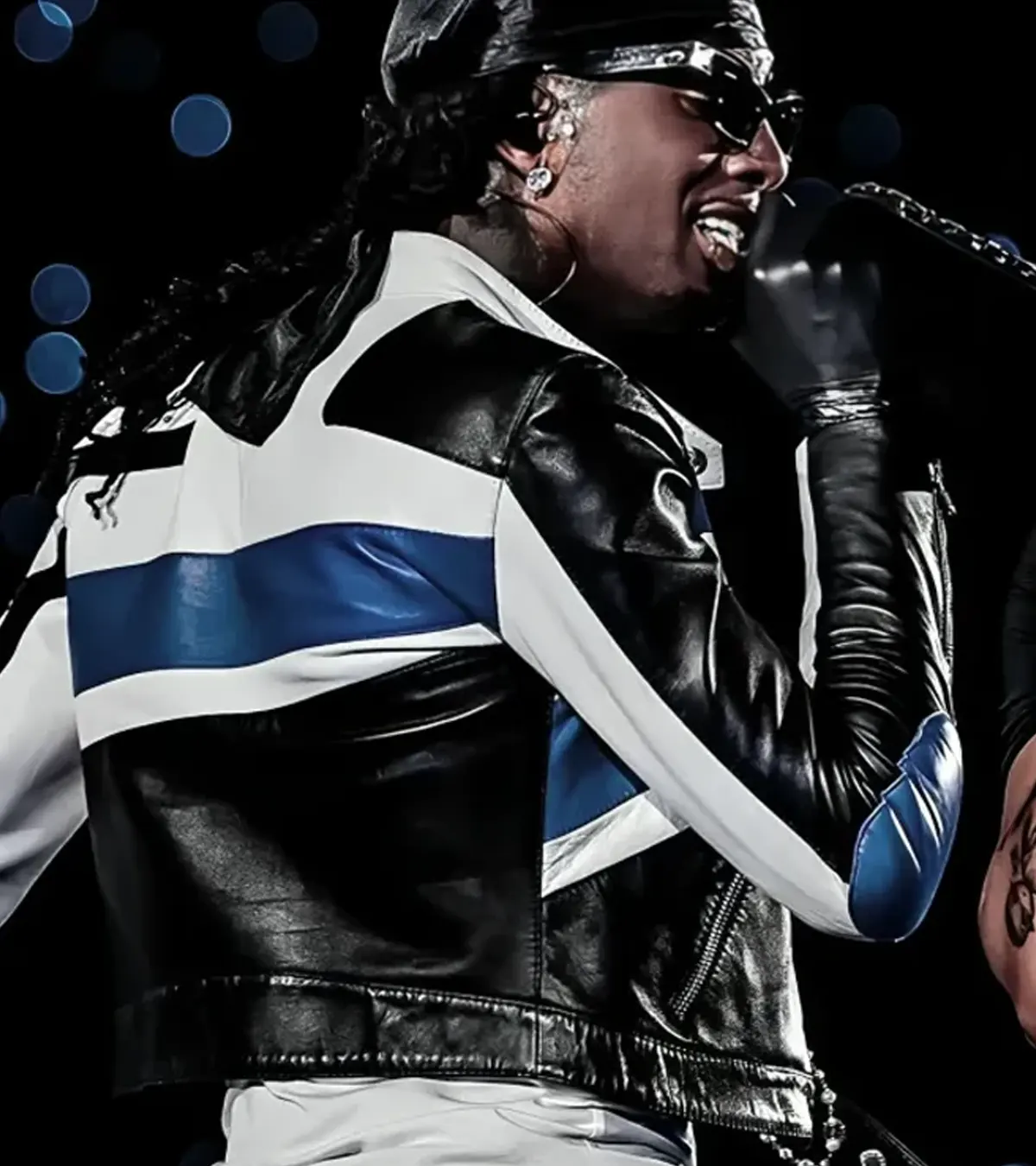 Playboi Carti The Weeknd 2026 Wembley Stadium Blue and White Leather Jacket On Sale