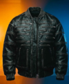 Rhythm + Flow France Monsieur Ocho Black Leather Bomber Jacket with Multi Zipper Pockets Front