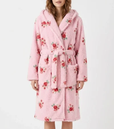 Rose Floral Print Shawl Collar Fleece Bathrobe
