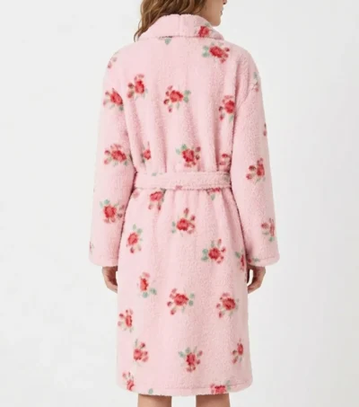 Rose Floral Print Shawl Collar Fleece Bathrobe back