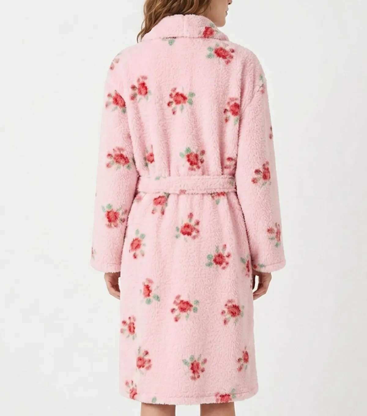 Rose Floral Print Shawl Collar Fleece Bathrobe back