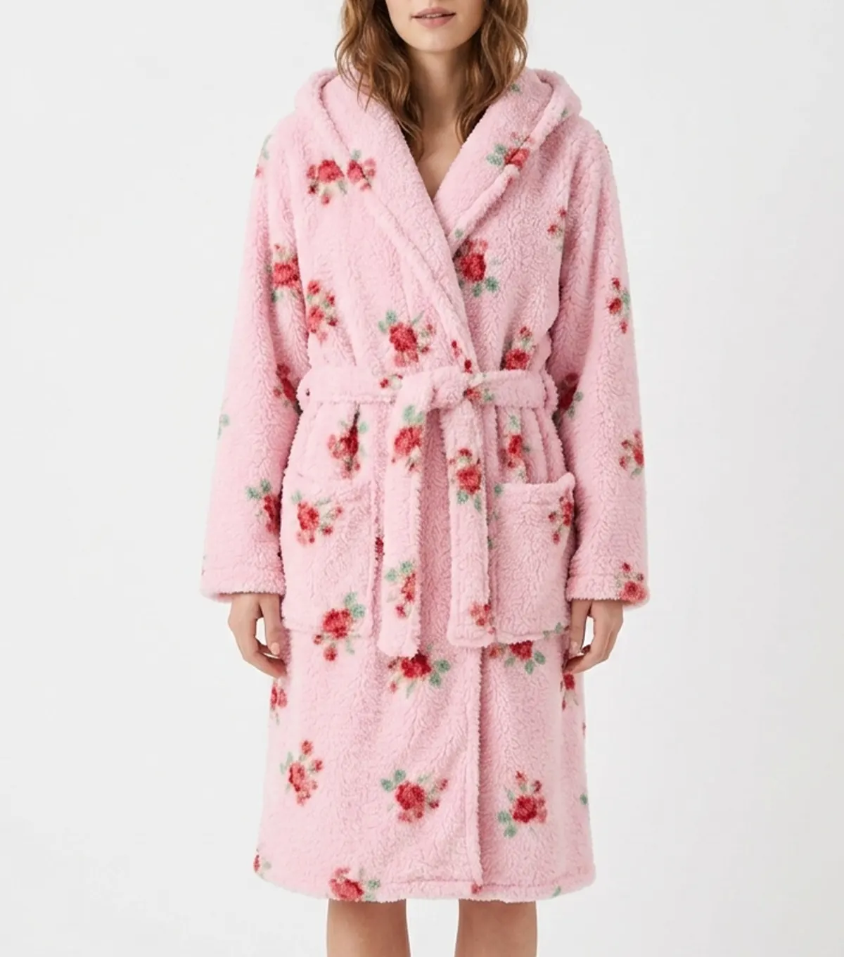 Rose Floral Print Shawl Collar Fleece Bathrobe