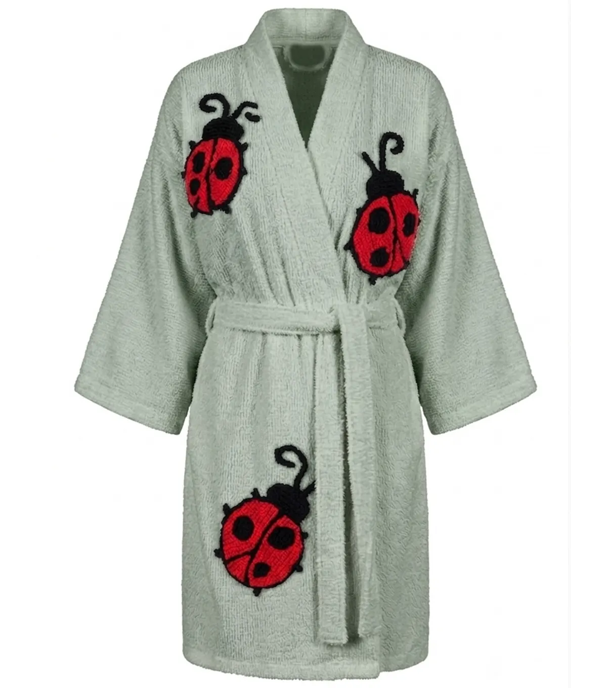 Sage Green Lady Bug Tufted Chenille Bathrobe Kimono Style
