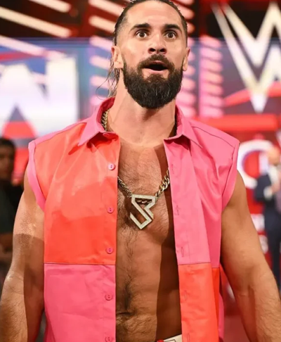 Seth Rollins Pink and Red Leather Vest