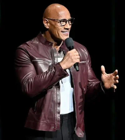Shop Dwayne Johnson Jumanji Open World Photocall 2026 Brown Leather Jacket On Sale
