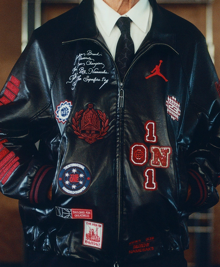 Shop Namesake 1 on 1 The One Champion Black Leather Jacket for Men and Women Closeup