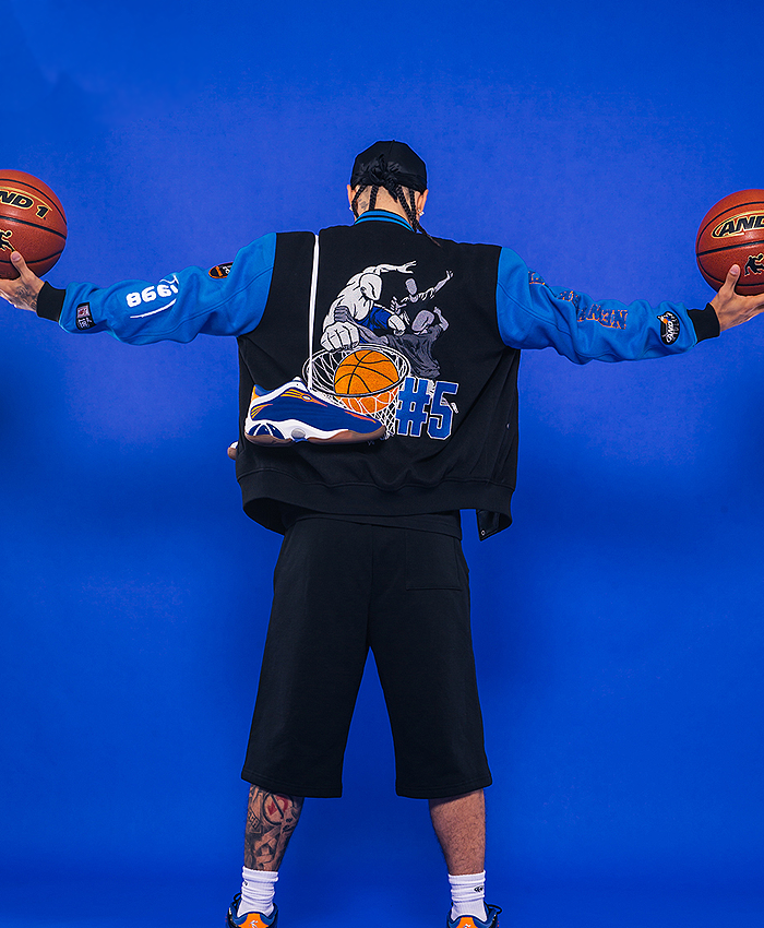 Slam Kicks 29 Jose Alvarado Respect The Game Contrast Black and Blue Varsity Bomber Jacket Back