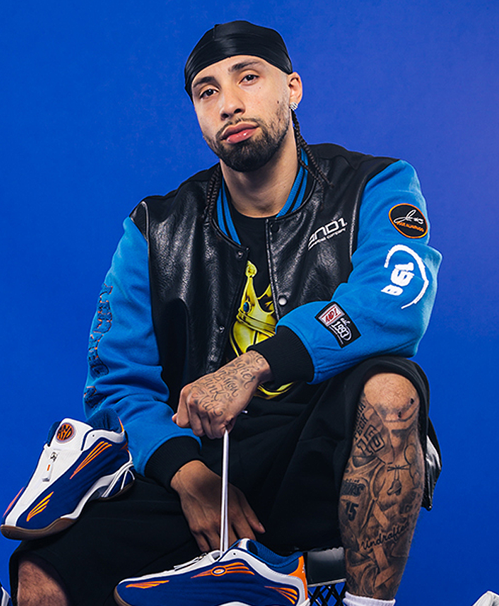 aSlam Kicks 29 Jose Alvarado Respect The Game Contrast Black and Blue Varsity Bomber Jacket Closeup
