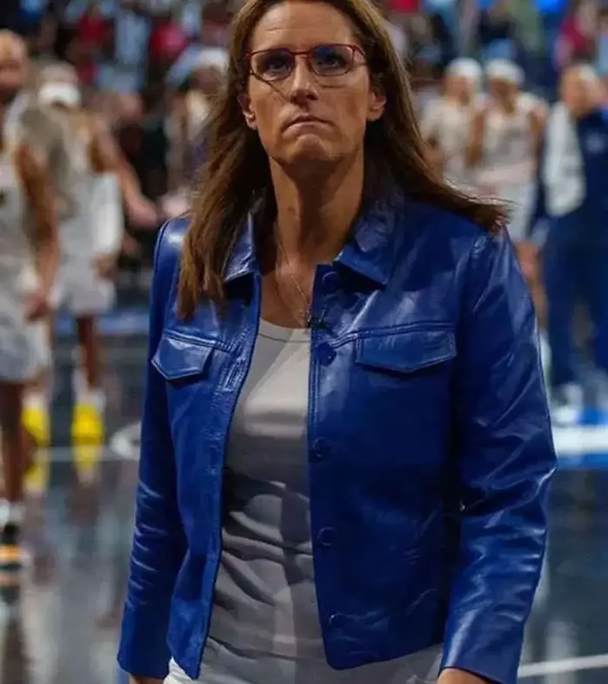 Stephanie White WNBA Playoffs Blue Cropped Leather Jacket For Sale