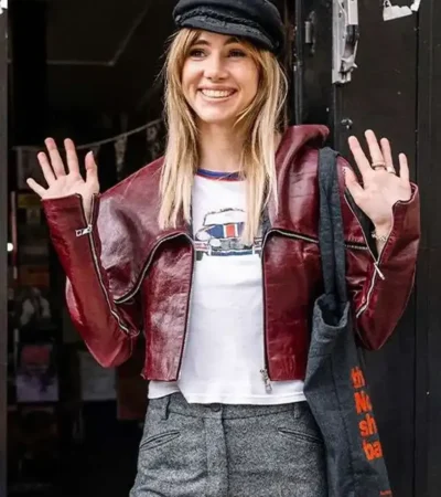 Suki Waterhouse Notting Hill 2026 Burgundy Leather Jacket