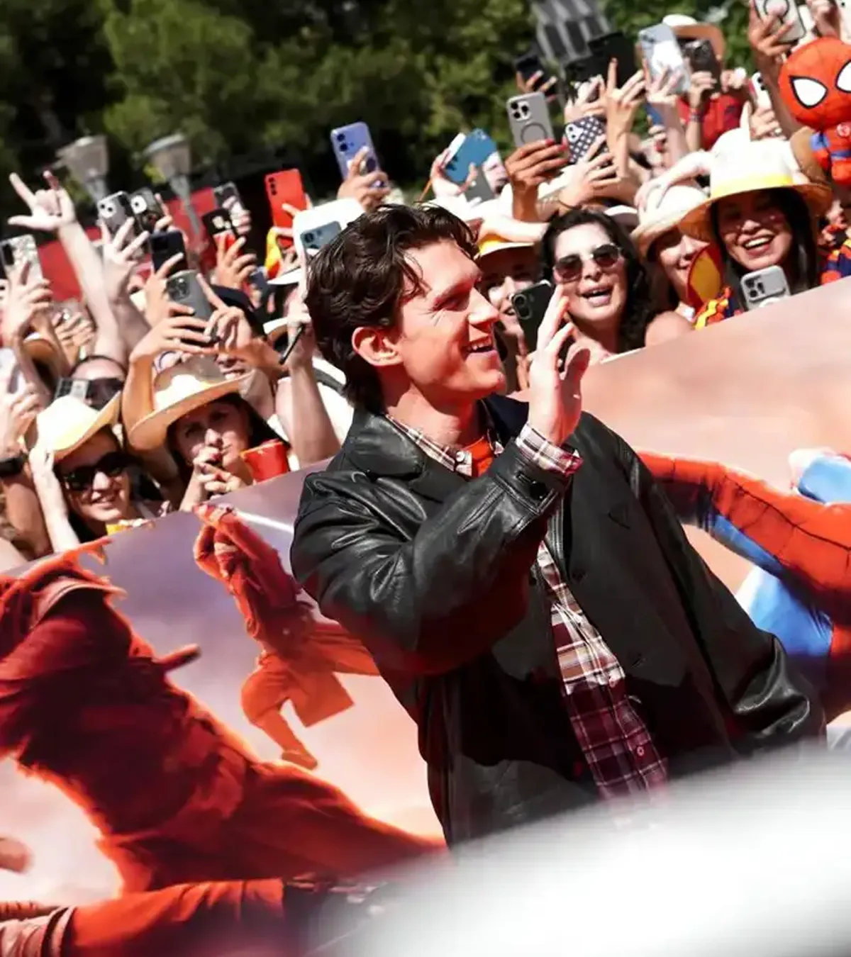 Tom Holland Spider Man Brand New Day 2026 Madrid Press Tour Black Leather Jacket Sale