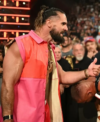 WWE Monday Night RAW Seth Rollins Pink and Red Leather Vest Left