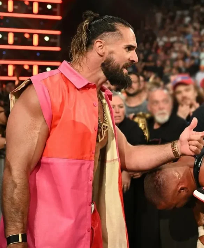 WWE Monday Night RAW Seth Rollins Pink and Red Leather Vest Left