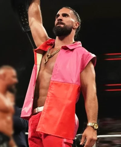 WWE Monday Night RAW Seth Rollins Pink and Red Leather Vest Right