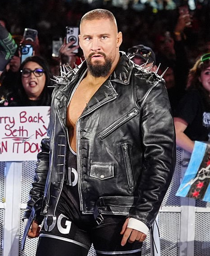 WWE - Survivor Series Bron Breakker Spiked Black Leather Biker Jacket Front