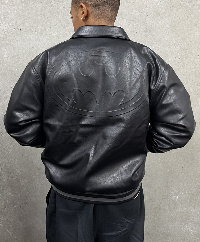 2026 Batman Embossed Logo Black Leather Bomber Jacket for Men and Women Back