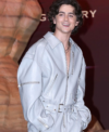 2026 Dune Part Two Press Conference Timothee Chalamet Light Blue Oversized Leather Jacket Left