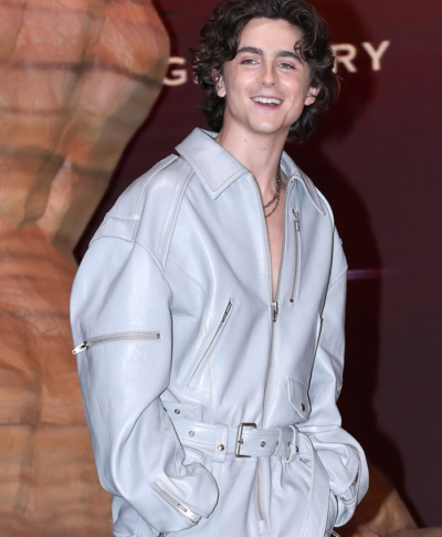 2026 Dune Part Two Press Conference Timothee Chalamet Light Blue Oversized Leather Jacket Left