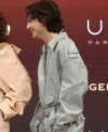 2026 Dune Part Two Press Conference Timothee Chalamet Light Blue Oversized Leather Jacket Right
