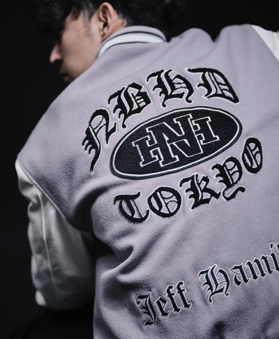 2026 Jeff Hamilton x Neighbourhood Grey and White Nbhd Tokyo Varsity Jacket Back