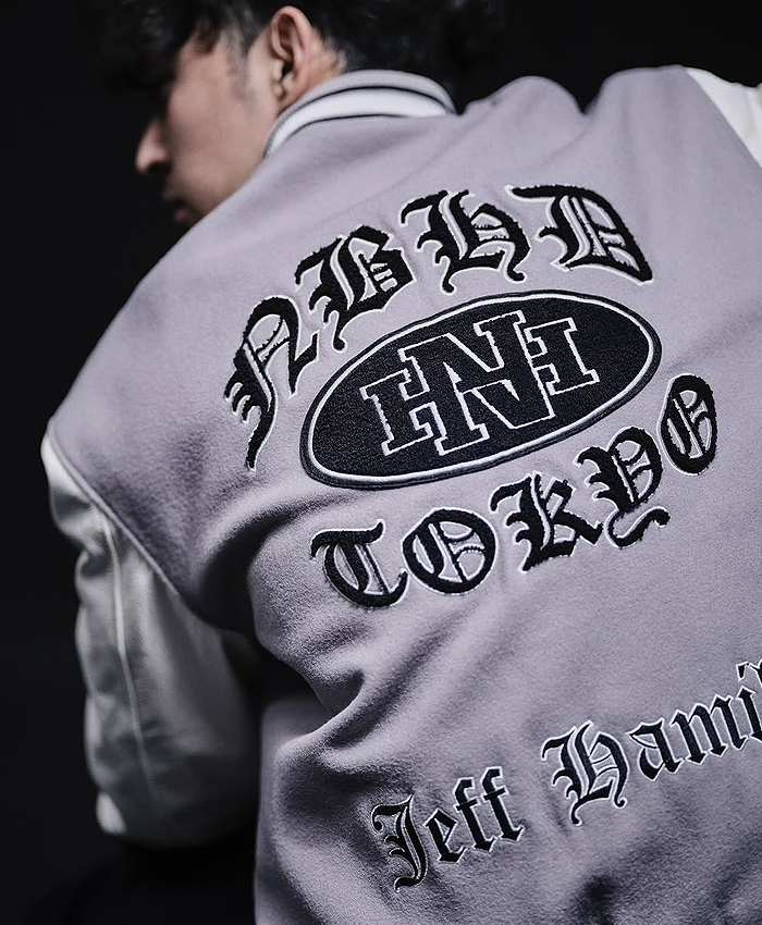 2026 Jeff Hamilton x Neighbourhood Grey and White Nbhd Tokyo Varsity Jacket Back