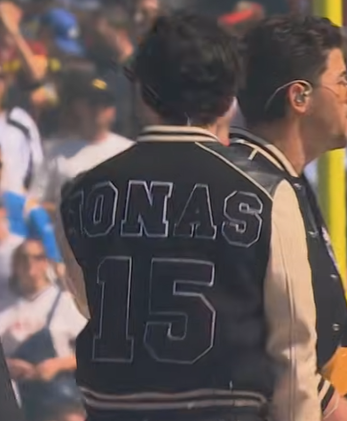 2026 NFL Halftime Show Joe Jonas Black and Off White 15 Varsity Jacket Back