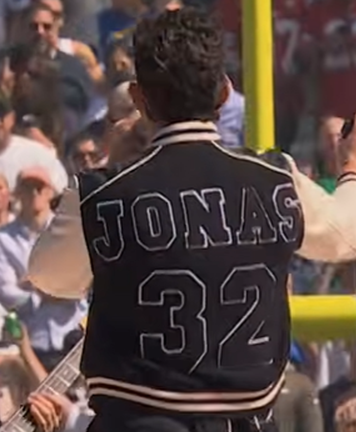 2026 NFL Halftime Show Joe Jonas Black and Off White 32 Varsity Jacket Back