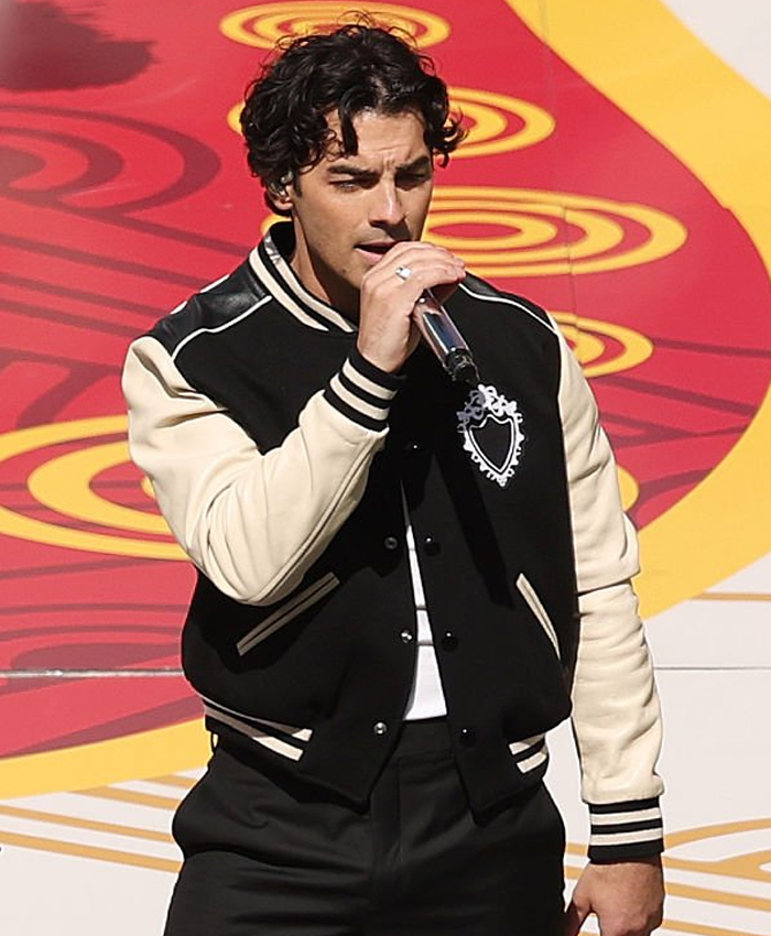 2026 NFL Halftime Show Joe Jonas Black and Off White Varsity Jacket Front