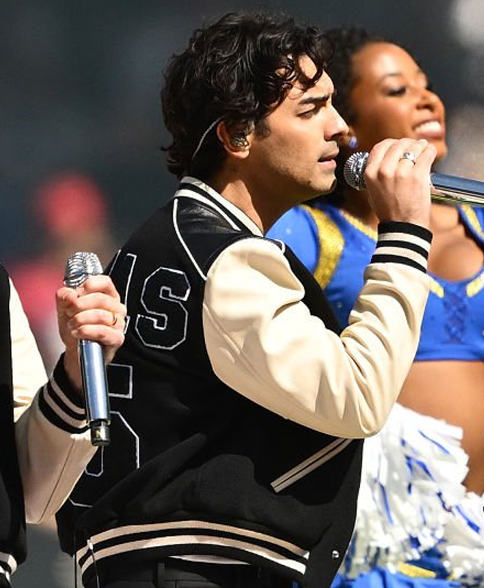 2026 NFL Halftime Show Joe Jonas Black and Off White Varsity Jacket Right