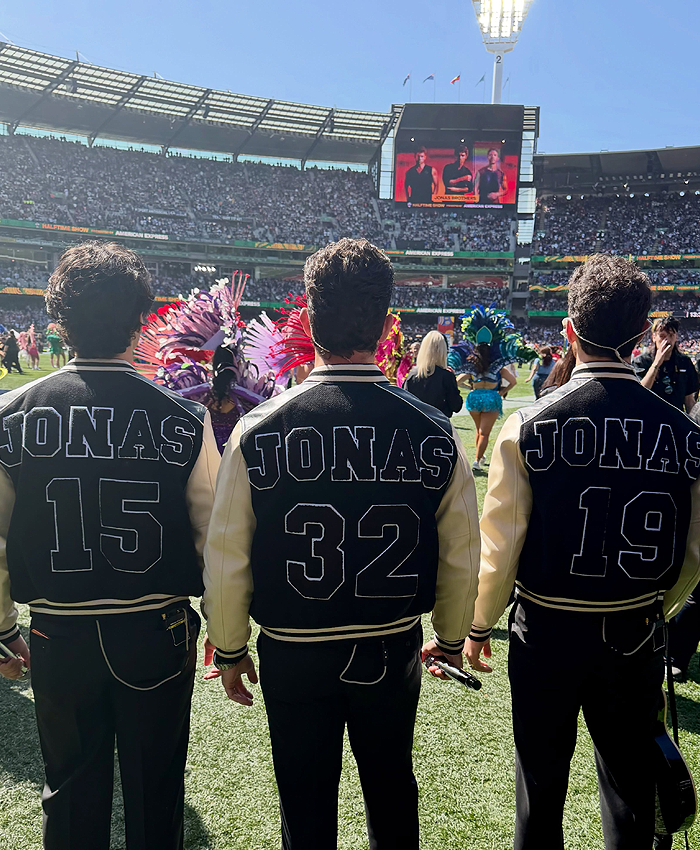 2026 NFL Halftime Show Jonas Brothers Black and Off White Varsity Jacket Back