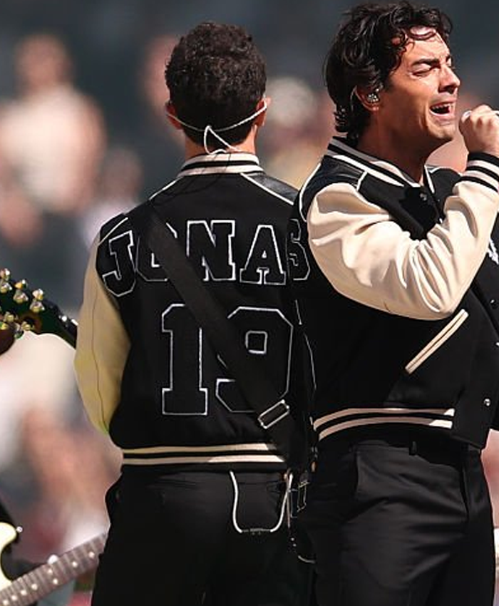 2026 NFL Halftime Show Kevin Jonas Black and Off White Varsity Jacket Back